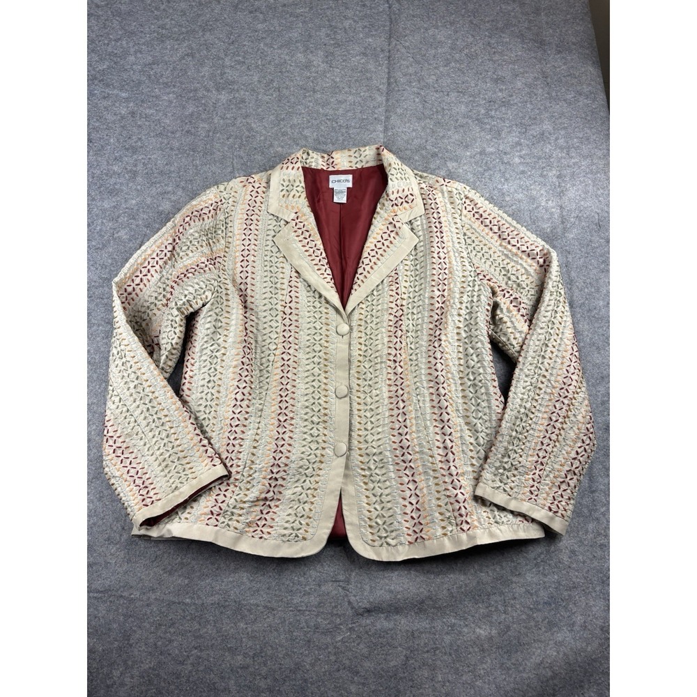 Chico's 100% Silk Blazer Embroidered Blazer Colorful Embroidery Size 2 US M SEE